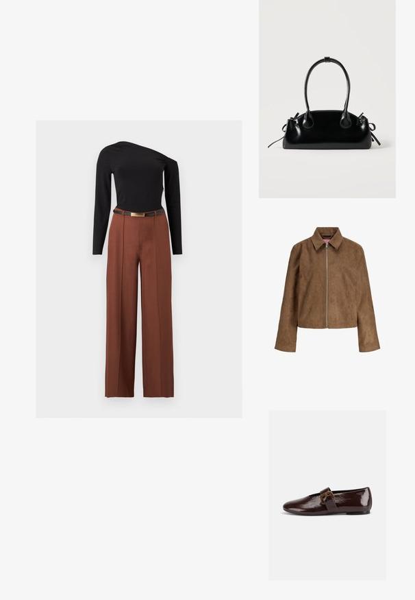 Veste en daim marron à manches longues, col pointu et fermeture éclair argentée à l'avant, présentée sur un fond blanc.; Haut asymétrique noir à manches longues associé à un pantalon marron taille haute à jambes larges et une ceinture noire à boucle dorée.; Chaussure plate en cuir verni marron foncé avec une large bride à boucle dorée et un bout arrondi, présentée de profil sur fond blanc.; Petit sac à main noir brillant avec deux longues anses et des détails à cordon sur les côtés sur un fond clair uni.