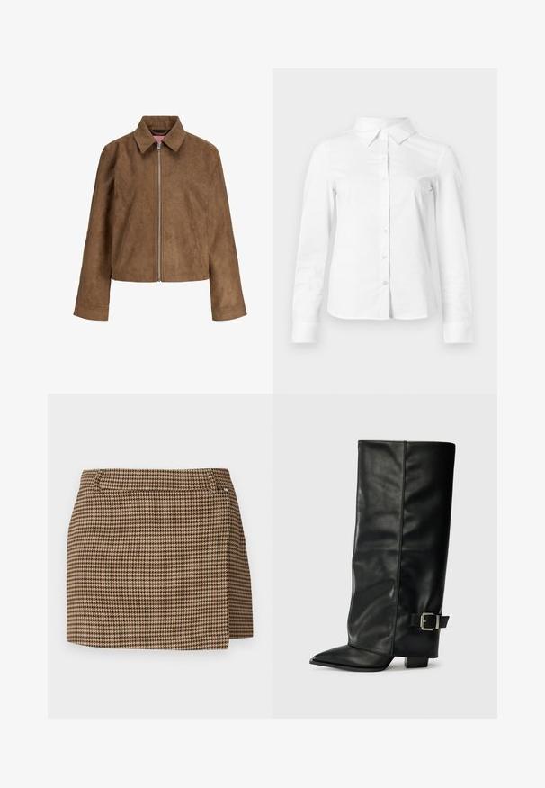 Bruine suède jas met lange mouwen, puntige kraag en zilveren ritssluiting aan de voorkant, afgebeeld tegen een witte achtergrond.; Witte blouse met lange mouwen en knopen, met puntige kraag, rechte zoom en aansluitende silhouet, weergegeven op een effen lichte achtergrond.; Bruine en beige houndstooth-gevlekte mini-jurk met een lichte wikkel-detail en riemlussen op een witte achtergrond.; Zwarte leren enkellange laarzen met een spitse neus, een gladde textuur en een zilveren gesps Accent aan de zijkant. Stevige vierkante hak.