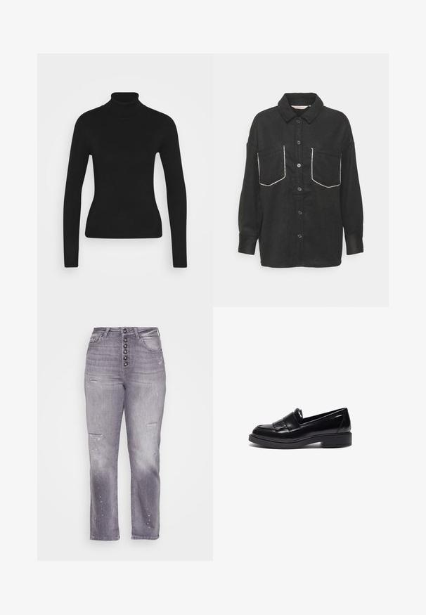ONLY Petite ONLKINSLEY - Leichte Jacke - black; Schwarzer Rollkragenpullover mit langen Ärmeln, gefertigt aus einem glatten Strickstoff. Hat ein tailliertes Design und einen gerippten Kragen.; ONLY Petite ONLEVELINA - Jeans Straight Leg - grey denim; Schwarze Lederloafers mit einem eleganten Design, das eine abgerundete Spitze, dekorative Fransen und eine niedrige, strukturierte Gummisohle aufweist.