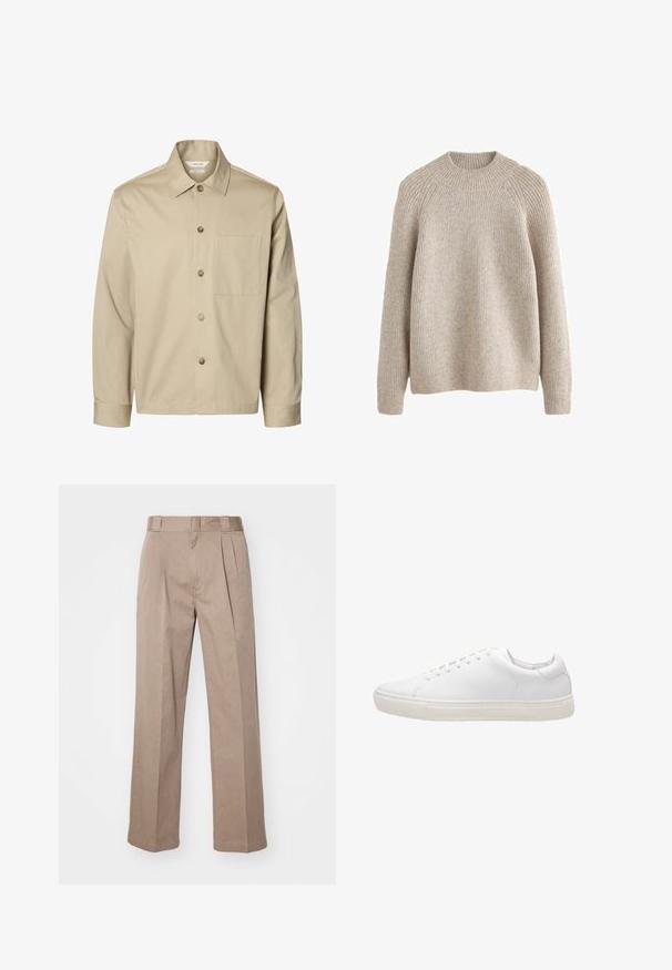 Beige langärmliges Hemd mit Knopfleiste, Kragen und einer Brusttasche, von vorne auf weißem Hintergrund dargestellt.; Helles beige, geripptes Sweatshirt mit hohem, rundem Kragen und langen Ärmeln. Weiche Textur und entspannter Schnitt, mit Raglan-Ärmeln.; Beige, hoch taillierte Hosen mit weit geschnittenem Design. Verfügbar mit zwei Vorderfalten und einer glatten Textur. Standardlänge mit einem sauberen Finish.; Weiße Leder-Sneaker mit glatter Textur, runder Zehenpartie, Schnürverschluss und flacher Gummisohle. Minimalistisches Design ohne sichtbare Muster.
