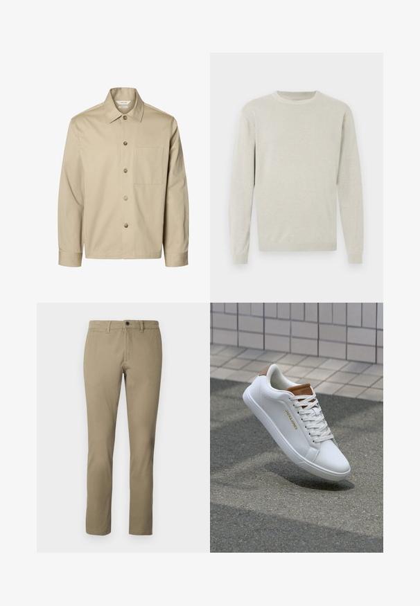 Chemise beige à manches longues avec boutons, col et une poche poitrine, montrée de face sur fond blanc.; Pull gris clair en maille douce, avec un col rond, des manches longues et des poignets et ourlet côtelés. Design simple et sans ornement.; Chinos kaki en mélange de coton, avec une coupe droite, une taille standard avec fermeture à bouton et des poches latérales.; Baskets en cuir blanc avec une texture lisse, accent beige au niveau du talon, logo doré sur le côté et semelle en caoutchouc avec une adhérence texturée.