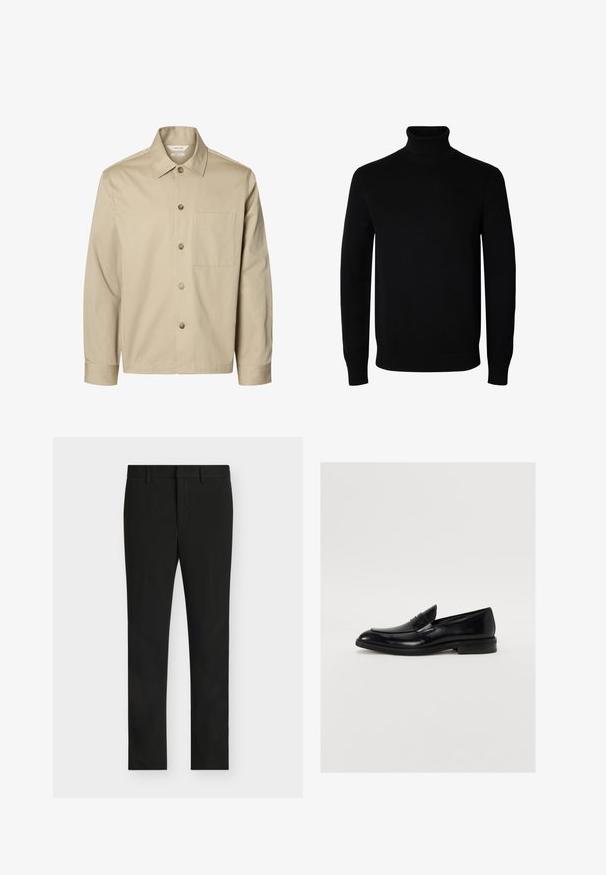 Beige langærmet skjorte med knapper, krave og en brystlomme, vist forfra på hvid baggrund.; Sort langærmet rullekrave sweater med rib manchetter og kant, vist på en ensartet hvid baggrund.; Sorte slim fit bukser med bæltestropper, foran lynlås og fladt frontparti, vist på en lys grå baggrund.; Sorte læder loafers med rund tå, subtil syning og en glat overflade. Har en lav stablet hæl og en strop over vamsen.