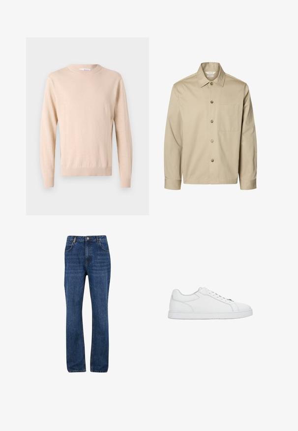 Beige langärmliges Hemd mit Knopfleiste, Kragen und einer Brusttasche, von vorne auf weißem Hintergrund dargestellt.; Beige gestrickter Pullover mit Rundhalsausschnitt, langen Ärmeln, gerippten Bündchen und Saum, hergestellt aus weichem Stoff und mit glatter Textur.; Dunkelblaue Denim-Jeans mit geradem Schnitt, ausgestattet mit Gesäßtaschen, Gürtelschlaufen und einem Reißverschluss mit Knopfverschluss.; Weißer, flacher Ledersneaker mit weißen Schnürsenkeln, genähten Details und flacher Gummisohle, seitlich auf einfarbigem Hintergrund gezeigt.