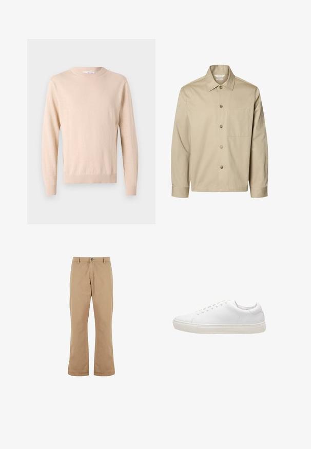Beige langärmliges Hemd mit Knopfleiste, Kragen und einer Brusttasche, von vorne auf weißem Hintergrund dargestellt.; Beige gestrickter Pullover mit Rundhalsausschnitt, langen Ärmeln, gerippten Bündchen und Saum, hergestellt aus weichem Stoff und mit glatter Textur.; Beige Baumwollhosen mit geradem Schnitt, ausgestattet mit einem Knopfverschluss, Vordertaschen und einer glatten Textur.; Weiße Leder-Sneaker mit glatter Textur, runder Zehenpartie, Schnürverschluss und flacher Gummisohle. Minimalistisches Design ohne sichtbare Muster.