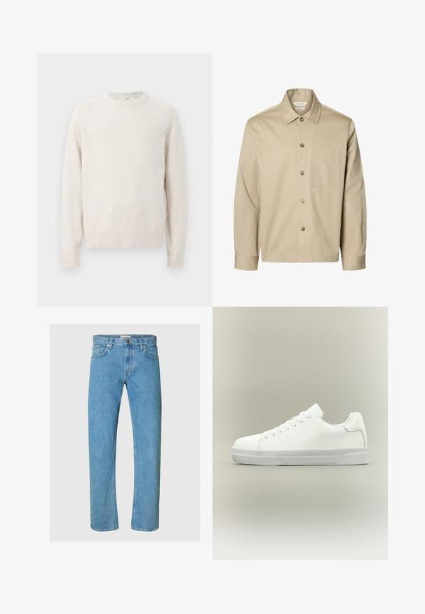 Beige overhemd met lange mouwen, knopen, een kraag en één borstzak, van voren getoond tegen een witte achtergrond.; Crème kleurige sweater met een ronde halslijn, geribbelde manchetten en zoom. Zachte textuur met een eenvoudig, strak ontwerp en raglan mouwen.; Lichtblauwe denim jeans hebben een recht model, vijf-pocket stijl en een ritssluiting met een metalen knoopsluiting.; Witte lage sneaker met veters aan de voorkant, gevoerde kraag en gerubberde zool met textuur, zijaanzicht op een neutrale achtergrond.