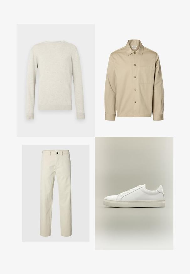 Beige langærmet skjorte med knapper, krave og en brystlomme, vist forfra på hvid baggrund.; Beige sweater med lange ærmer og rund halsudskæring, med ribbede manchetter og kant, præsenteret mod en simpel hvid baggrund.; Beige bukser med lige ben med en sort knap og bæltestropper, vist på en simpel lys baggrund.; Hvid lavtop sneaker med snørebånd foran og tyk sål, vist fra siden mod en neutral baggrund.