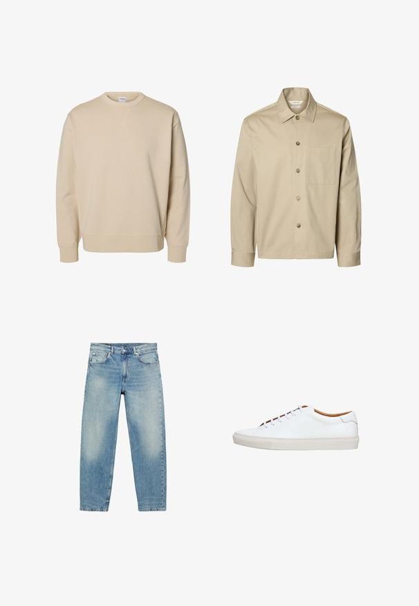 Beige langärmliges Hemd mit Knopfleiste, Kragen und einer Brusttasche, von vorne auf weißem Hintergrund dargestellt.; Beiges Sweatshirt mit Rundhalsausschnitt, langen Ärmeln, gerippten Bündchen und Saum sowie einem kleinen aufgenähten V-Detail unter dem Kragen.; Blue Jeans mit geradem Bein, vorderen Taschen und Gürtelschlaufen, die leichte Verblassungen an Oberschenkeln und Knien zeigen.; Weißer Ledersneaker mit einer strukturierten Gummisohle, rundem Zehenbereich und kontrastierendem, braunem Innenfutter. Verfügt über fünf Ösen und weiße Schnürsenkel.