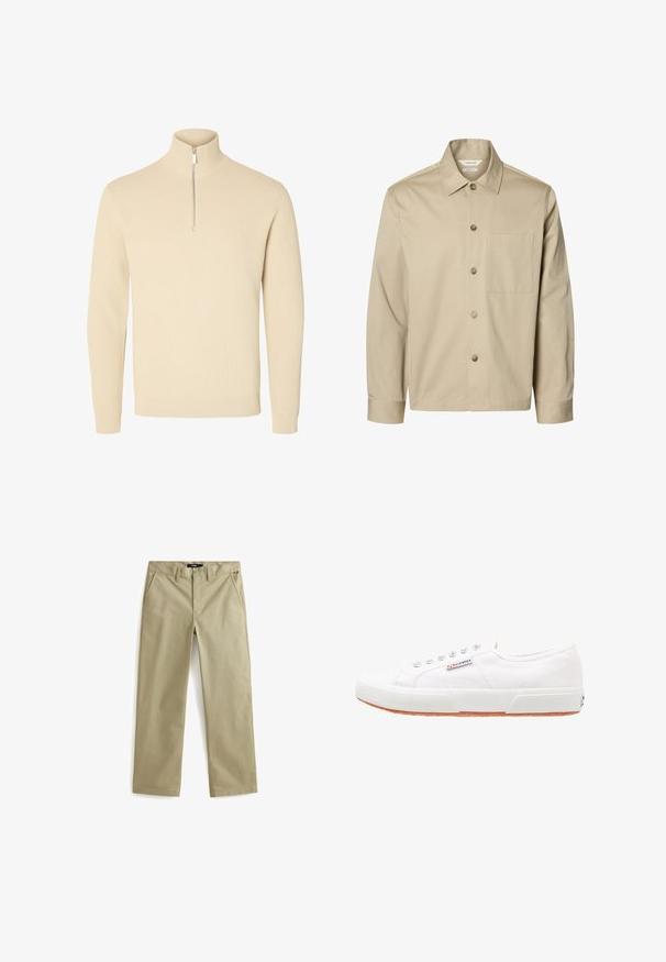 Beige langärmliges Hemd mit Knopfleiste, Kragen und einer Brusttasche, von vorne auf weißem Hintergrund dargestellt.; Beiger Strickpullover mit hohem, geripptem Kragen und kurzem Frontreißverschluss, mit langen Ärmeln sowie gerippten Bündchen und Saum.; Beige Baumwollchinos mit geradem Bein, ausgestattet mit zwei vorderen Taschen und einem klassischen Knopfverschluss. Glatte Textur, minimale Akzente.; Weiße Leinensneaker mit Gummisohle, Schnürdesign und einem kleinen Logolabel an der Seite. Strukturierte weiße Oberseite und braune Außensohle.