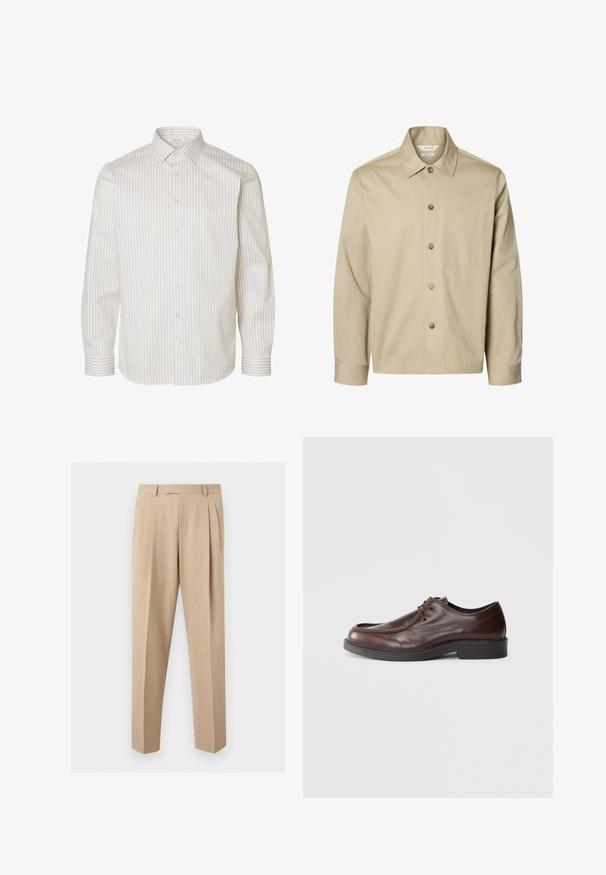 Chemise beige à manches longues avec boutons, col et une poche poitrine, montrée de face sur fond blanc.; Chemise blanche à manches longues avec des rayures verticales beiges, patte de boutonnage devant, col pointu et poignets à boutons.; Pantalon beige sur mesure avec plis sur le devant, passants de ceinture et jambes droites, présenté sur un fond clair et uni.; Chaussure habillée en cuir marron avec un bout arrondi, des accents de couture minimum, et une semelle noire robuste. Présente un système de laçage et une texture lisse.