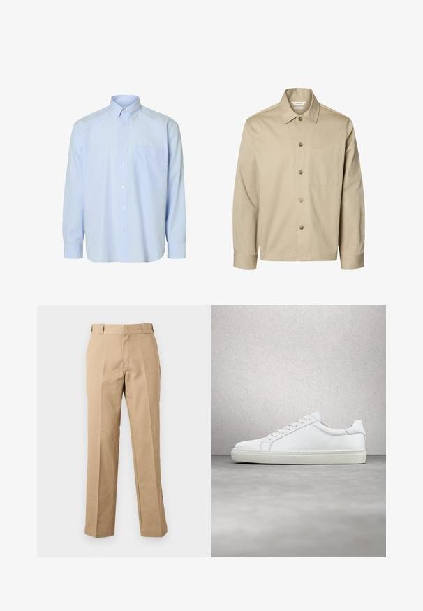 Beige langärmliges Hemd mit Knopfleiste, Kragen und einer Brusttasche, von vorne auf weißem Hintergrund dargestellt.; Hemd aus hellblauem Stoff mit langen Ärmeln, weißen senkrechten Streifen, einer einzelnen Brusttasche und einem klassischen Kragen. Glatte Stoffstruktur.; Beige gerade Hose mit Gürtelschlaufen, vorderem Reißverschluss und gebügelten Bügelfalten, vor weißem Hintergrund dargestellt.; Weißer Sneaker mit glattem Lederobermaterial und niedrigem Profil. Verfügt über eine runde Zehenpartie, sechs Ösen und eine strukturierte Gummisohle.