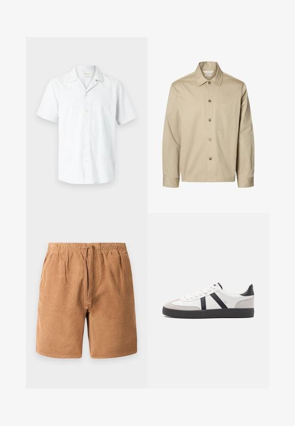 Beige langærmet skjorte med knapper, krave og en brystlomme, vist forfra på hvid baggrund.; Kortærmet, lysegrå knappeskjorte lavet af en blanding af hør med en camp krave og seks knapper ned foran, blød tekstur.; Brune kordfløjlsshorts med elastisk talje og justerbar snor, med vertikal ribbet tekstur og sidelommer.; Hvide sneakers med sorte og grå detaljer, med en tekstureret grå tåhætte, sort gummisål og flade hvide snørebånd. Rent design, minimalistisk stil.
