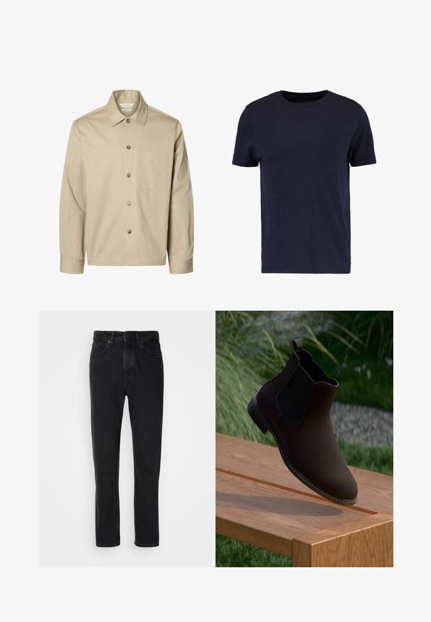 Beežika pika varrukaga nööbitav särk krae ja ühe rinnataskuga, esiküljelt valgel taustal.; Pier One Lihtne T-särk - dark blue; Mustmustest denim püksid sirge jala lõikega, varustatud nööbi ja luku sulgemisega, ees olevate taskute ning peene tekstuuriga.; Pruun nahast pahkluu saapad elastsete külgpaneelidega, ümar varvas, madal konts ja mugav tõmblukk, puidust pinnal.