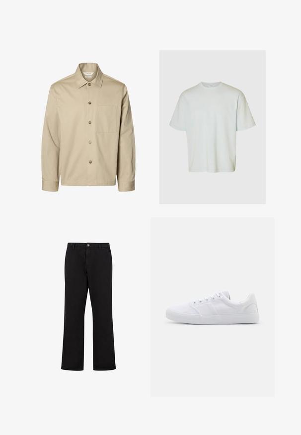 Beige overhemd met lange mouwen, knopen, een kraag en één borstzak, van voren getoond tegen een witte achtergrond.; Selected SLHLOOSEOSCAR SS O-NECK TEE NOOS - T-shirt basic - ice melt; Zwarte rechte broek met knoopsluiting aan de voorkant, riemlussen en zijzakken, getoond op een witte achtergrond.; Witte canvas sneakers met een rubberen zool, voorzien van zes oogjes, een gestructureerde neuskap en een minimalistisch ontwerp.