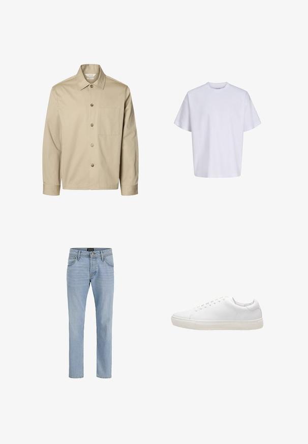 Beige langärmliges Hemd mit Knopfleiste, Kragen und einer Brusttasche, von vorne auf weißem Hintergrund dargestellt.; Schlichtes weißes oversized T-Shirt mit kurzen Ärmeln, Rundhalsausschnitt und lockerem Sitz vor weißem Hintergrund.; Helle blaue Denim-Jeans mit schlankem Schnitt, Fünf-Taschen-Design, subtiler verblasster Textur und Metallbeschlägen am Reißverschluss und der Knopfleiste.; Weiße Leder-Sneaker mit glatter Textur, runder Zehenpartie, Schnürverschluss und flacher Gummisohle. Minimalistisches Design ohne sichtbare Muster.