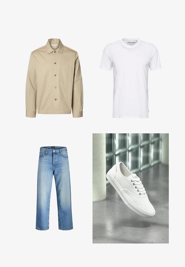 Beige langærmet skjorte med knapper, krave og en brystlomme, vist forfra på hvid baggrund.; Hvid t-shirt med korte ærmer lavet af bomuld, med en rund hals og et enkelt design. Brandtag synlig på halsområdet. Ingen mønstre eller accenter.; Lysblå denimjeans med en afslappet pasform, med høj talje, frontlommer og lige ben, der fremhæver subtilt slid.; Hvid lavtop lærredssneaker med snørebånd, mærket Tommy Hilfiger, vist svævende over en glat grå gulv nær en væg af glasblokke.