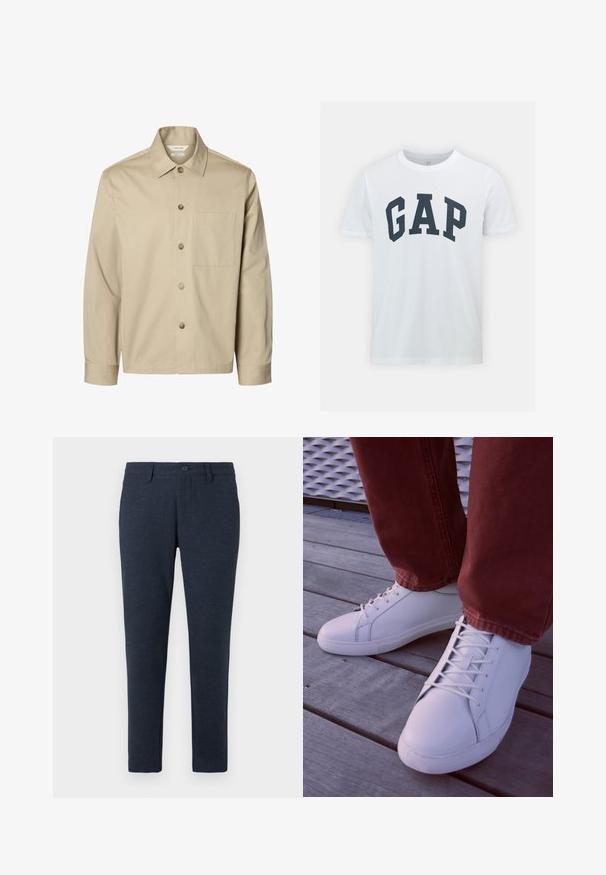 Beežika pika varrukaga nööbitav särk krae ja ühe rinnataskuga, esiküljelt valgel taustal.; GAP EVERYDAY SOFT BASIC LOGO - Trükipildiga T-särk - white global; Tumedat merevööd ja külgtaskutega slim-fit püksid, esitene nööp ja esiküljel taskud, esitatud valgel taustal.; Valged madala varrega tossud, millel on sile nahk, toon-toon lained ja kummist talla, koos punaste tekstureeritud kangast pükstega.