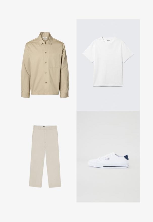 Beige langærmet skjorte med knapper, krave og en brystlomme, vist forfra på hvid baggrund.; Hvid kortærmet crewneck T-shirt lagt fladt ud, ensfarvet design, med "WEEKDAY" mærkat inde i kraven på en lys baggrund.; Beige brede bukser med en glat tekstur, der har bæltestropper, to frontlommer og en lynlåslukning. Minimalistisk design.; Hvide kanvas sneakers med en marineblå hælaccents, flad gummisål, rund tå og hvide snørebånd. Har logo på siden.