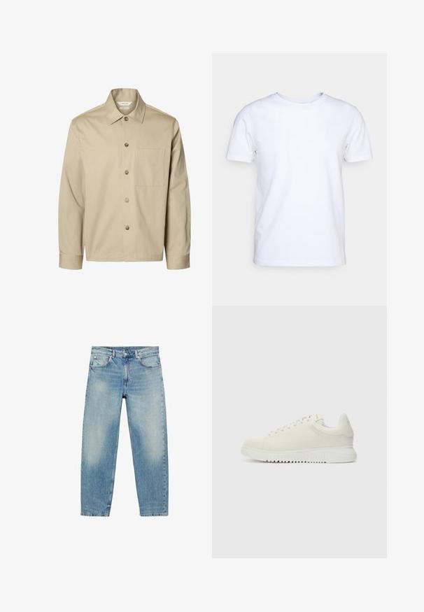 Beige langærmet skjorte med knapper, krave og en brystlomme, vist forfra på hvid baggrund.; Hvid kortærmet t-shirt i bomuldsstof med rund halsudskæring. Enkel design uden mønstre eller detaljer. Glat tekstur.; Blå straight-leg denim jeans med forlommer og bæltestropper, der viser let falmede detaljer på lår og knæ.; Hvide lædersneakers med struktureret overdel, rund tå, flad hvid sål og tonede snørebånd. Subtil branding på tungen.