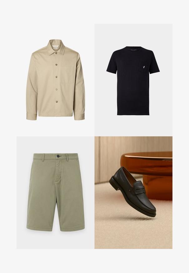 Chemise beige à manches longues avec boutons, col et une poche poitrine, montrée de face sur fond blanc.; T-shirt en coton noir à manches courtes, col rond et poche avant avec un petit logo d'oiseau blanc. Texture douce et design simple.; Shorts en kaki en coton, dotés de passants de ceinture, d'un bouton avant et d'un design à l'avant plat avec une finition soignée et sans poches.; Mocassin homme en cuir noir avec une bande sur le dessus, présenté sur un tapis beige près d'une table ronde moderne marron.