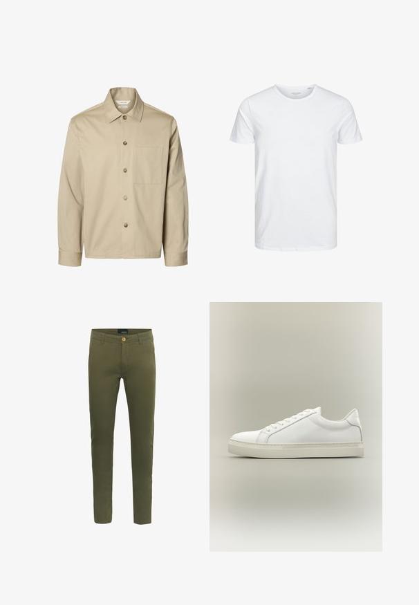 Chemise beige à manches longues avec boutons, col et une poche poitrine, montrée de face sur fond blanc.; T-shirt à col rond à manches courtes de couleur blanche unie, fabriqué en coton doux, avec un design simple sans motifs ni accents visibles.; Pantalons vert olive en mélange de coton doux, avec fermeture à bouton sur le devant, passants de ceinture et coupe slim.; Baskets blanches basses à lacets sur l’avant et semelle épaisse, vues de côté sur un fond neutre.