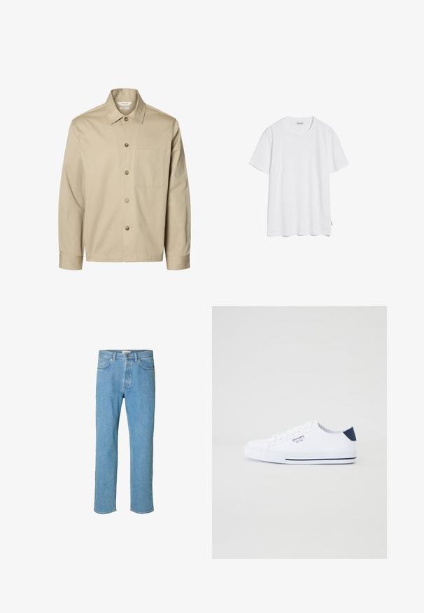 Beige overhemd met lange mouwen, knopen, een kraag en één borstzak, van voren getoond tegen een witte achtergrond.; Witte katoenen T-shirt met korte mouwen, een ronde halslijn en een rechte zoom. Geen zichtbare patronen of logo's. Zachte textuur.; Lichtblauwe denim jeans met een recht gesneden ontwerp. Kenmerken zijn een knoopsluiting, vijf zakken en gestikte details langs de naden.; Witte canvas sneakers met een marineblauwe hielaccent, platte rubberen zool, ronde neus en witte veters. Kenmerkt logo op de zijkant.