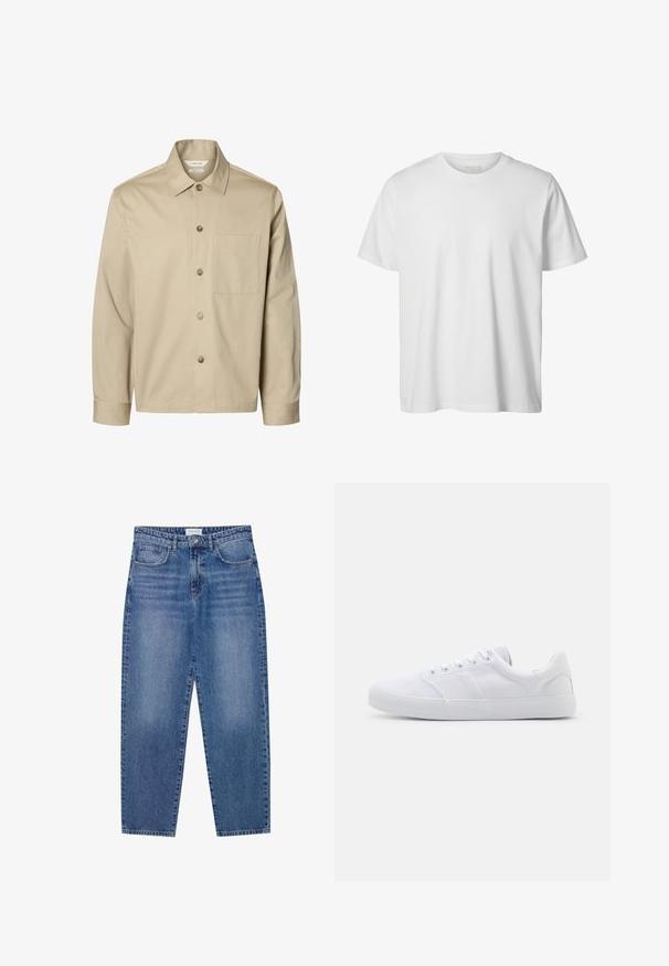 Camisa beige de manga larga con botones, con cuello y un bolsillo en el pecho, mostrada de frente sobre un fondo blanco.; Camiseta blanca lisa de manga corta con cuello redondo, corte holgado y sin logos o diseños visibles en el frente.; Vaqueros de mezclilla azul con un diseño de cintura alta y pierna recta, en acabado desgastado. Presenta cinco bolsillos y un cierre de botón.; Zapatillas de lona blancas con suela de goma, que cuentan con seis ojales, una puntera texturizada y un diseño minimalista.