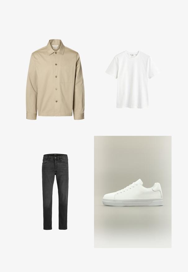 Beige langærmet skjorte med knapper, krave og en brystlomme, vist forfra på hvid baggrund.; Hvid bomulds t-shirt med rund hals, korte ærmer og en afslappet pasform. Glat tekstur uden synlige mønstre eller detaljer.; Sorte denim jeans med lige pasform, fem-lomme design og lynlås. Har diskret falmning og kontrastsyninger.; Hvid lavtop sneaker med snørelukning foran, polstret krave og tekstureret gummisål, vist i sidelayout på neutral baggrund.