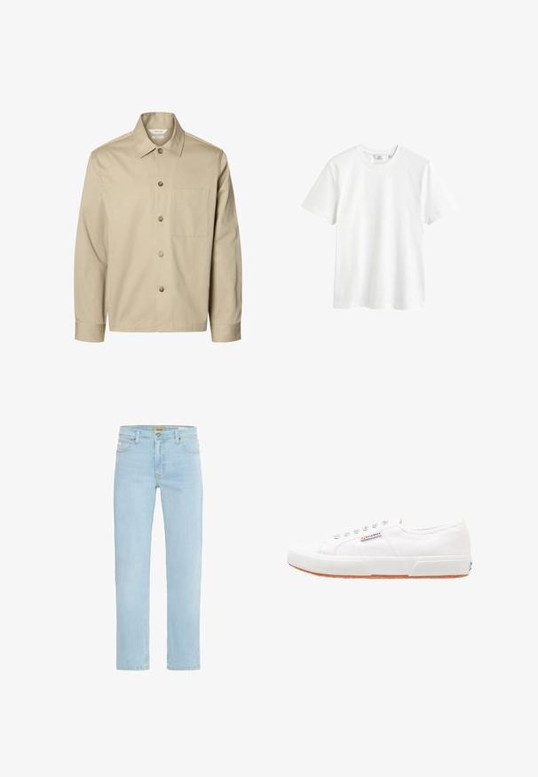 Beige overhemd met lange mouwen, knopen, een kraag en één borstzak, van voren getoond tegen een witte achtergrond.; Witte katoenen t-shirt met een ronde hals, korte mouwen en een ontspannen pasvorm. Gladde textuur en geen zichtbare patronen of accenten.; Lichtblauwe denim jeans met een rechte pasvorm, traditioneel vijf-pocketontwerp, en een messing knoop en ritsluiting aan de voorkant.; Witte canvas sneakers met een rubberen zool, vetersluiting en een klein logolabel aan de zijkant. Gewreven wit bovenwerk en een bruine zool.