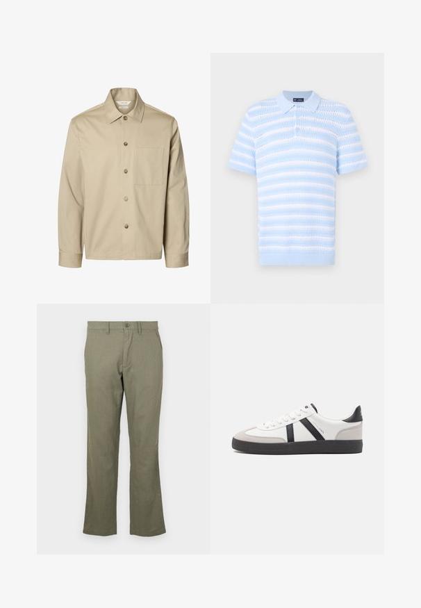 Camisa beige de manga larga con botones, con cuello y un bolsillo en el pecho, mostrada de frente sobre un fondo blanco.; Polo de color azul claro con mangas cortas, que presenta rayas horizontales y un patrón texturizado. Con tapeta de botones y detalle de cuello acanalado.; Pantalones casuales de color verde oliva, hechos de una tela suave. Cuentan con un corte recto, bolsillos frontales y un cierre de botón. Sin patrones visibles.; Zapatilla blanca con acentos en negro y gris, que presenta una puntera texturizada en gris, suela de goma negra y cordones planos blancos. Diseño limpio, estilo minimalista.