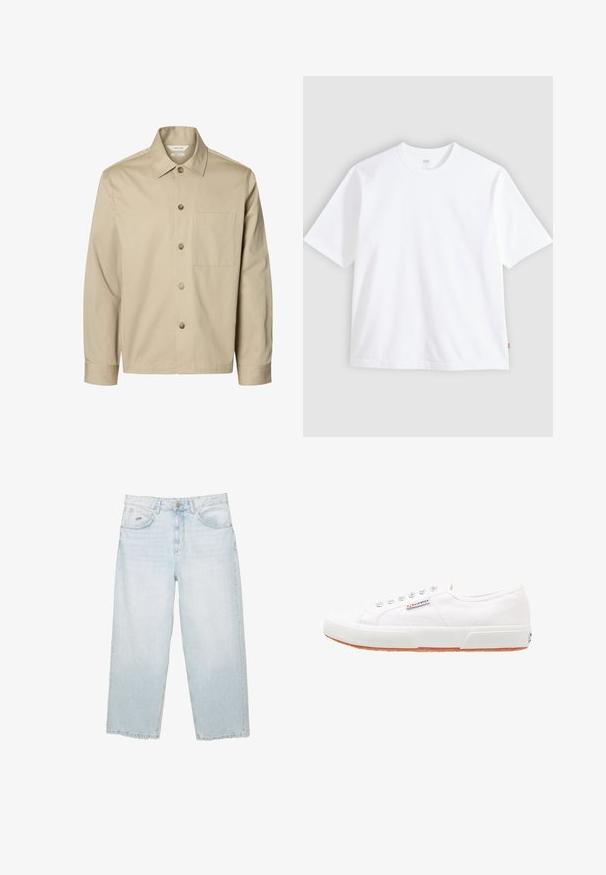 Beige langærmet skjorte med knapper, krave og en brystlomme, vist forfra på hvid baggrund.; Hvid t-shirt med korte ærmer lavet af bomuld, med rund hals og lige snit. Mærke synligt på den nederste side af kanten.; Lysblå højtaljede straight-leg jeans med frontknap, lommer og lille mærket metalmærke på den højre forlommer.; Hvide kanvas sneakers med gummisål, snørebåndsdesign og et lille logo mærke på siden. Tekstureret hvid overdel og brun ydersål.