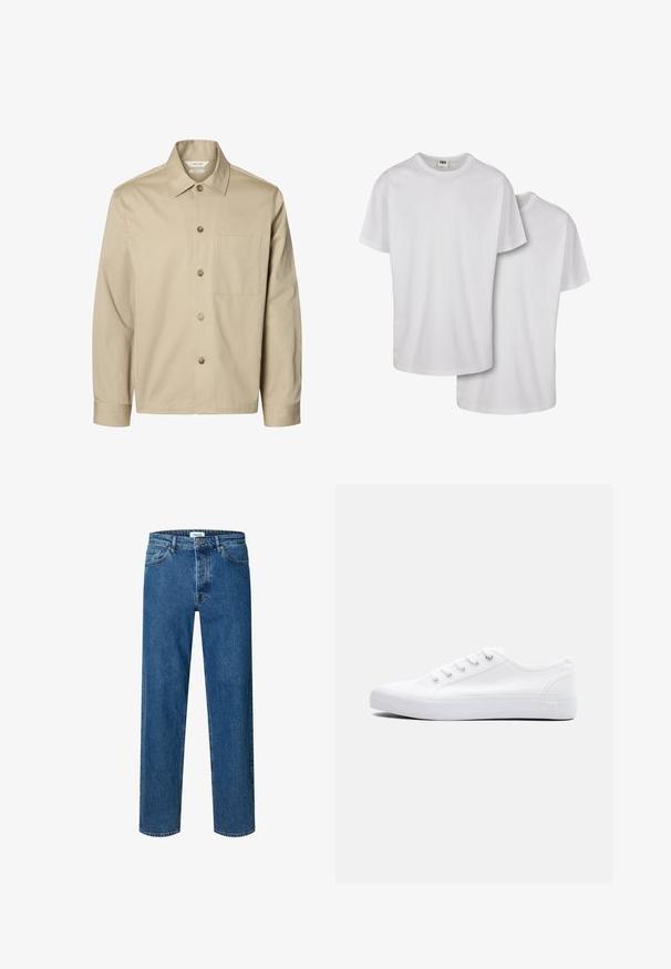 Beige langærmet skjorte med knapper, krave og en brystlomme, vist forfra på hvid baggrund.; Hvide bomulds t-shirts med korte ærmer, rund halsudskæring og en glat tekstur, vist stablet med en let overlappende front.; Blå straight-leg denim jeans med knap- og lynlåslukning, bæltestropper og fem-lomme-design.; Lavtop hvid lærredsneaker med hvide snørebånd, gummisål og metaløjer, vist fra ydersiden på en ensfarvet baggrund.