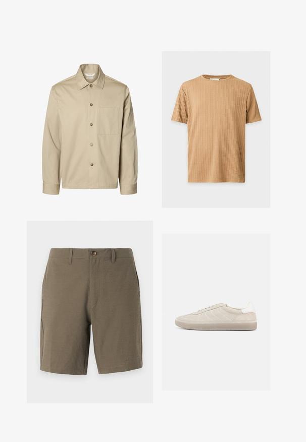 Camisa beige de manga larga con botones, con cuello y un bolsillo en el pecho, mostrada de frente sobre un fondo blanco.; Camiseta beige de manga corta con patrón de punto de cable texturizado vertical y cuello redondo sobre fondo blanco.; Pantalones cortos en verde oliva hechos de un tejido texturizado, con cierre de botón y frente plano, y con bolsillos laterales para mayor funcionalidad.; Zapatilla beige de ante con parte superior texturizada, contrafuerte de talón blanco liso, cordones finos y suela de goma. Presenta un diseño de perfil bajo.