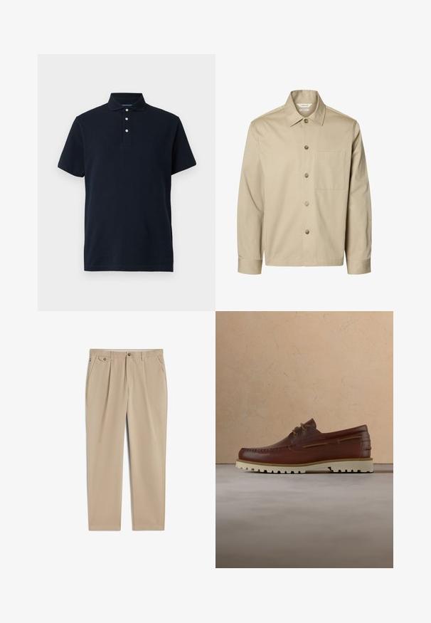 Beige overhemd met lange mouwen, knopen, een kraag en één borstzak, van voren getoond tegen een witte achtergrond.; Marineblauwe polo met korte mouwen en een kraag, voorzien van drie witte knopen op de sluiting, weergegeven tegen een effen achtergrond.; Beige rechte broek met riemlussen, knoop- en ritssluiting aan de voorkant, zijzakken en geplooide details bij de tailleband.; Bruine leren casual veter schoen met crèmekleurige rubberen zool hangt boven een beige tapijt in de buurt van een houten salontafel met boeken.