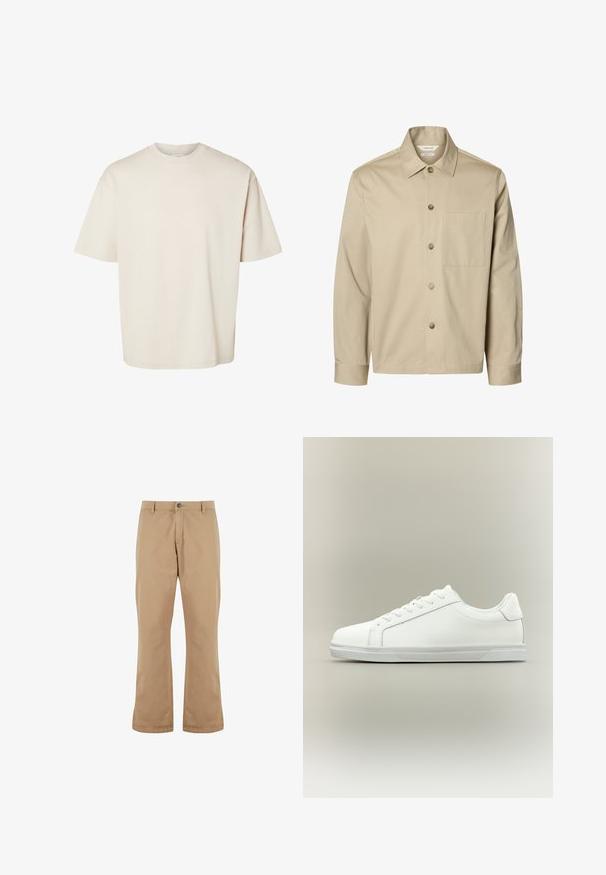 Beige langärmliges Hemd mit Knopfleiste, Kragen und einer Brusttasche, von vorne auf weißem Hintergrund dargestellt.; Schlichtes beiges, kurzärmeliges, übergroß geschnittenes Baumwoll-T-Shirt mit Rundhalsausschnitt, flach auf weißem Hintergrund präsentiert.; Beige Baumwollhosen mit geradem Schnitt, ausgestattet mit einem Knopfverschluss, Vordertaschen und einer glatten Textur.; Weißer Sneaker mit niedrigem Schaft, Schnürung vorne und strukturierter Gummisohle vor einfachem neutralem Hintergrund.