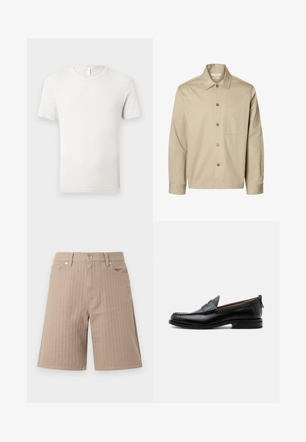 Chemise beige à manches longues avec boutons, col et une poche poitrine, montrée de face sur fond blanc.; T-shirt blanc uni à manches courtes et col rond, étalé à plat sur un fond gris clair, avec une petite étiquette en tissu au niveau du col.; Shorts beiges en tissu texturé avec des rayures verticales, une ceinture avec un bouton avant et des poches latérales.; Mocassin homme en cuir noir avec couture moc toe, bride penny, col texturé et petit talon empilé sur fond blanc.