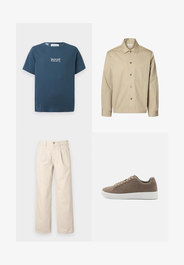 Beige langärmliges Hemd mit Knopfleiste, Kragen und einer Brusttasche, von vorne auf weißem Hintergrund dargestellt.; Blaues T-Shirt mit kurzen Ärmeln und Rundhalsausschnitt, mit weißem Text in der Mitte: "Nimm die Welt am Schwanz." und einem kleinen runden Logo.; Beige weit geschnittene Hose mit hoher Taille, Frontfalten, einem vorderen Knopfverschluss und einem glatten Baumwollstoff.; Braune Wildledersneaker mit flachen weißen Gummisohlen, Schnürdesign, abgerundete Zehen und einer glatten Textur. Minimalistischer Stil mit dezenten Nähdetails.