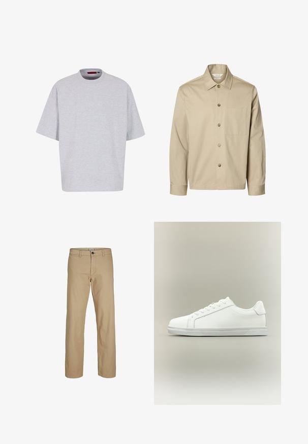 Beige overhemd met lange mouwen, knopen, een kraag en één borstzak, van voren getoond tegen een witte achtergrond.; Lichtgrijs oversized t-shirt, korte mouwen, ronde halslijn, gemaakt van zachte stof, heeft een rechte zoom zonder patronen of versieringen.; Beige rechte broek met knoopsluiting, ceintuurlussen en voorzakken, afgebeeld tegen een witte achtergrond.; Witte lage sneaker met veterluiting aan de voorkant en een gestructureerde rubberen zool tegen een neutrale achtergrond.