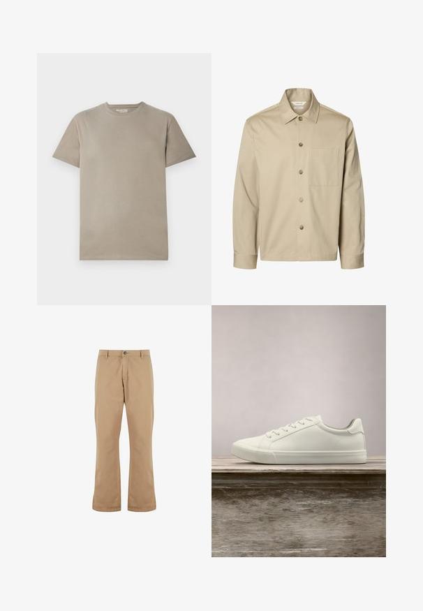 Beige langärmliges Hemd mit Knopfleiste, Kragen und einer Brusttasche, von vorne auf weißem Hintergrund dargestellt.; Kurzärmliges T-Shirt aus hellem beigefarbenem Baumwollstoff mit Rundhalsausschnitt, einfachem Design und glatter Textur ohne sichtbare Muster oder Akzente.; Beige Baumwollhosen mit geradem Schnitt, ausgestattet mit einem Knopfverschluss, Vordertaschen und einer glatten Textur.; Weiße Schnürsneaker, die über einer Holzbank mit grünem Laub im Hintergrund schweben und das Schuhdesign sowie die Textur zeigen.