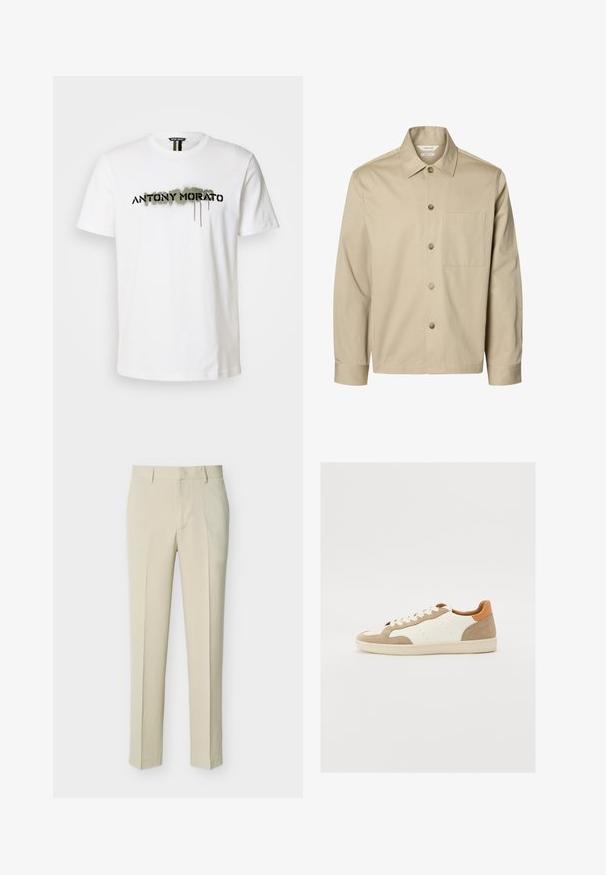 Beige langärmliges Hemd mit Knopfleiste, Kragen und einer Brusttasche, von vorne auf weißem Hintergrund dargestellt.; Weißes Baumwoll-T-Shirt mit einem auffälligen schwarzen "ANTONY MORATO"-Logo und grünen Sprühfarbe-Elementen, Rundhalsausschnitt und kurzen Ärmeln.; Beige, maßgeschneiderte, gerade geschnittene Hose mit Gürtelschlaufen und Reißverschluss vorne, auf einfarbigem, hellem Hintergrund präsentiert.; Sneaker mit einem Obermaterial aus cremefarbenem Leder, beigen Wildlederakzenten und einer sandfarbenen Ferse. Ausgestattet mit flachen Schnürsenkeln und Perforationen für Atmungsaktivität.