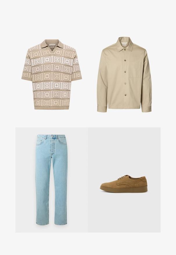 Chemise beige à manches longues avec boutons, col et une poche poitrine, montrée de face sur fond blanc.; Polo en maille beige à manches courtes avec motifs géométriques carrés et losanges en beige et blanc, col et poignets côtelés.; Jean en denim bleu clair avec une coupe droite, comportant cinq poches, un zip et un léger délavage sur l'ensemble du tissu.; Chaussure décontractée à lacets en daim marron avec semelle en caoutchouc plate, vue de côté sur un fond clair uni.