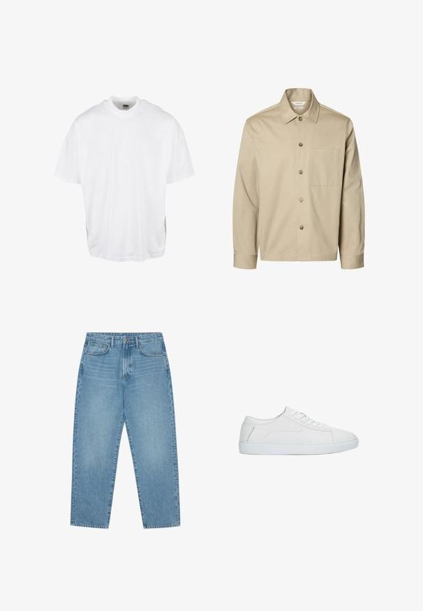 Beige overhemd met lange mouwen, knopen, een kraag en één borstzak, van voren getoond tegen een witte achtergrond.; Witte katoenen t-shirt met een relaxte pasvorm, korte mouwen en een ronde halslijn, met een rechte zoom en geen zichtbare grafische afbeeldingen of patronen.; Lichtblauwe denim jeans met een rechte pijp, vijfzakkenontwerp en een licht verweerde look. Voorzien van een knoop- en ritssluiting.; Witte lage sneaker met vetersluiting, glad leren bovenwerk en platte rubberen zool, zijaanzicht op een witte achtergrond.