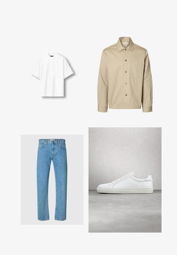 Beige overhemd met lange mouwen, knopen, een kraag en één borstzak, van voren getoond tegen een witte achtergrond.; Effen wit oversized T-shirt met korte mouwen en een ronde hals, met een zwart label aan de binnenkant van de achterkant van de kraag, getoond op een lichte achtergrond.; Lichtblauwe denim jeans hebben een recht model, vijf-pocket stijl en een ritssluiting met een metalen knoopsluiting.; Witte sneaker met een gladlederen bovenwerk en een laag profiel. Voorzien van een ronde neus, zes vetergaatjes en een gestructureerde rubberen zool.