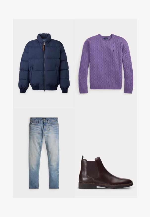 Marineblaue Steppjacke mit hohem Kragen, Frontreißverschluss, Seitentaschen und gerippten Bündchen und Saum.; Lila Strickpullover mit Rundhalsausschnitt und Zopfmuster, langärmlig, mit kleinem gesticktem Logo auf der linken Brust.; Helle blaue Denim-Jeans mit einem ausgewaschenen Finish, Fünf-Taschen-Design und kontrastierenden Nähten. Mit Reißverschluss und Gürtelschlaufen. Gerade geschnitten.; Dunkelbrauner Leder Chelsea-Stiefel mit elastischem Seitenpaneel und niedrigem Absatz, im Profil vor weißem Hintergrund gezeigt.