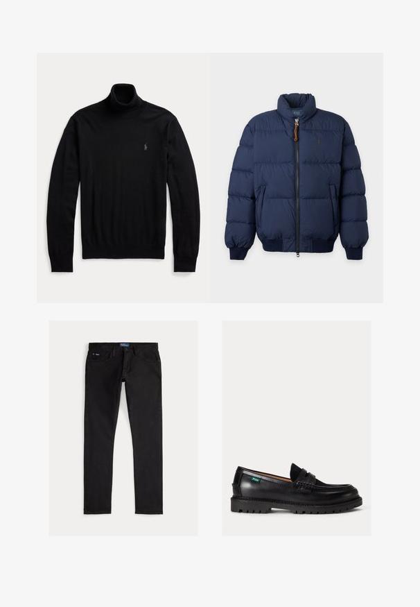 Marineblaue Steppjacke mit hohem Kragen, Frontreißverschluss, Seitentaschen und gerippten Bündchen und Saum.; Schwarzer Langarm-Rollkragenpullover mit gerippten Bündchen und Saum, mit kleinem gesticktem Logo auf der linken Brust.; Schwarze Slim-Fit-Denimjeans mit fünf Taschen, Gürtelschlaufen und einem blauen Markentag am Bund. Glatter, strapazierfähiger Stoff.; Schwarzer Lederloafer mit dicker Sohle, abgerundeter Spitze und grünem Polo-Logo-Label an der Seite.