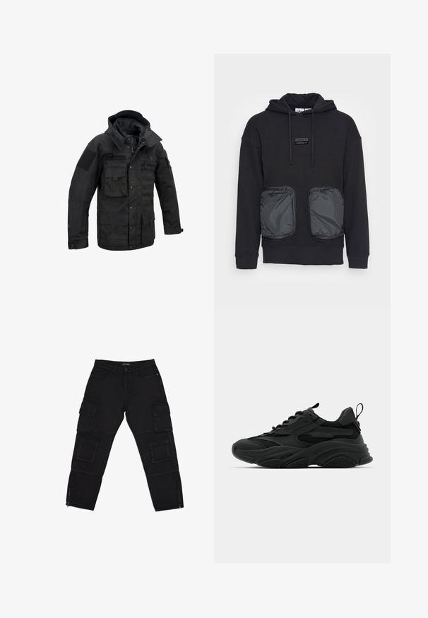Schwarze taktische Jacke aus strapazierfähigem Stoff, ausgestattet mit mehreren Taschen, verstellbarem Kapuzen und Klettverschlüssen. Strukturierte Form mit verstärkten Nähten.; Schwarzer Kapuzenpullover mit lässiger Passform, ausgestattet mit zwei großen Reißverschlusstaschen aus glänzendem Material auf der Vorderseite. Kleines Logopatch über den Taschen.; Schwarze Cargo-Hosen aus robustem Stoff, ausgestattet mit mehreren Cargotaschen, Reißverschluss-Ärmeln und geraden Beinen mit dezenten Nähdetails.; Schwarze Sportschuhe mit einer dicken Sohle, Mesh-Einsätzen und Gummidetails. Verfügen über eine Zuglasche an der Ferse und strukturierte Muster.
