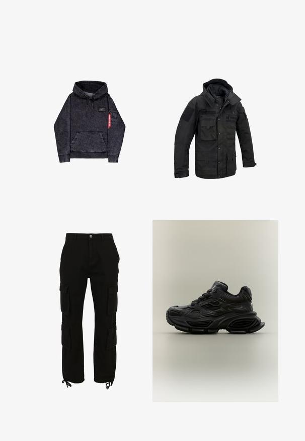 Sort taktikjakke lavet af holdbart stof, med flere lommer, justerbar hætte og velcro-lapper. Struktureret design med forstærkede sømme.; Sort melange hoodie med kængurulomme, justerbar snor i hætten, logo-patch på brystet og sidelomme med rødt mærke.; Sorte cargobukser lavet af bomuld, med flere sidelommer, knaplukning og justerbare kanter med snore.; Sort chunky sneaker med tekstureret design, tyk sål og snørelukning vist mod en almindelig neutral baggrund.