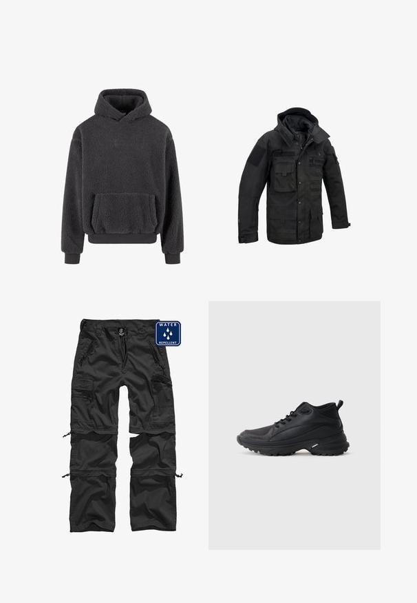 Sort taktikjakke lavet af holdbart stof, med flere lommer, justerbar hætte og velcro-lapper. Struktureret design med forstærkede sømme.; Fleece hoodie i mørkegrå med en tekstureret overflade, en kangaroo-lomme og ribbede manchetter og kant. Har et lille logo på brystet.; Sorte vandafvisende cargo bukser med lynlåslommer, justerbare manchetter og et holdbart materiale. Har et logo på taljen.; Sorte atletikskøjter lavet af syntetisk materiale. Har en polstret krave, rund tå, robust ydersål med godt greb og detaljer med mærkelogo.
