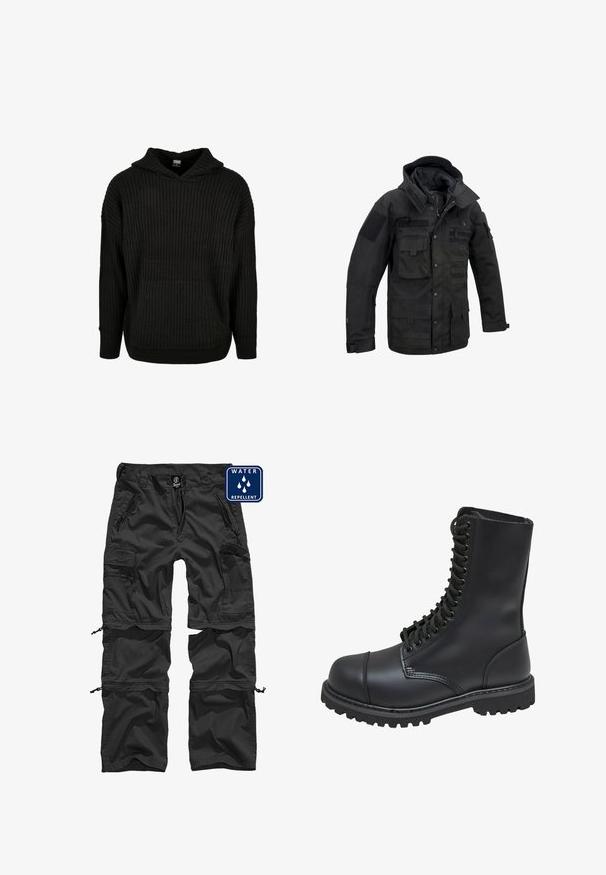 Zwarte tactische jas van duurzaam materiaal, met meerdere zakken, verstelbare capuchon en klittenband patches. Gestructureerd ontwerp met versterkte naden.; Zwarte geribbelde gebreide hoodie met een voorzak en een capuchon met trekkoord. Heeft een losse fit en een gestructureerd patroon op de stof.; Zwarte waterafstotende cargo pants met ritszakken, verstelbare boorden en een duurzaam materiaal. Kenmerkt zich door een logo op de tailleband.; Zwarte leren gevechtslaars met een hoge schacht, vetersluiting aan de voorkant, gewatteerde kraag en een stevige, gestructureerde zool voor grip. Bevat een versterkte neus.