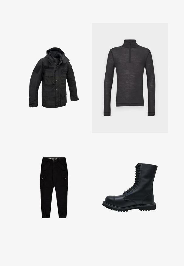 Schwarze taktische Jacke aus strapazierfähigem Stoff, ausgestattet mit mehreren Taschen, verstellbarem Kapuzen und Klettverschlüssen. Strukturierte Form mit verstärkten Nähten.; Schwarzes Langarm-Turtleneck-Shirt aus einem strukturierten Stoff, mit einem Halbreißverschluss am Kragen und eng anliegenden Ärmeln.; Schwarze Cargo-Hosen aus Baumwolle, mit mehreren Taschen, einer taillierten Passform und elastischen Bündchen an den Knöcheln.; Schwarze Leder Schnürstiefel mit runder Zehenkappe, hohem Schaft, dicker Gummisohle und texturierter Oberfläche. Enthält verstärkte Nähte entlang der Nähte.