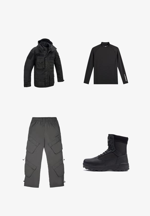 Veste tactique noire avec plusieurs poches avant, poignets réglables, fermeture avant par zip et boutons-pression, et capuche avec cordons.; Haut de sport noir à manches longues avec col montant, coupe ajustée, et logo blanc "J.Lindeberg" sur la manche gauche et le col.; Pantalons cargo en tissu gris foncé avec une taille élastique, plusieurs poches cargo, ourlets avec cordons de serrage et une texture lisse.; Botte tactique noire avec une tige en cuir lisse et des panneaux en tissu, design montante, fermeture à lacets à l'avant et semelle en caoutchouc robuste.